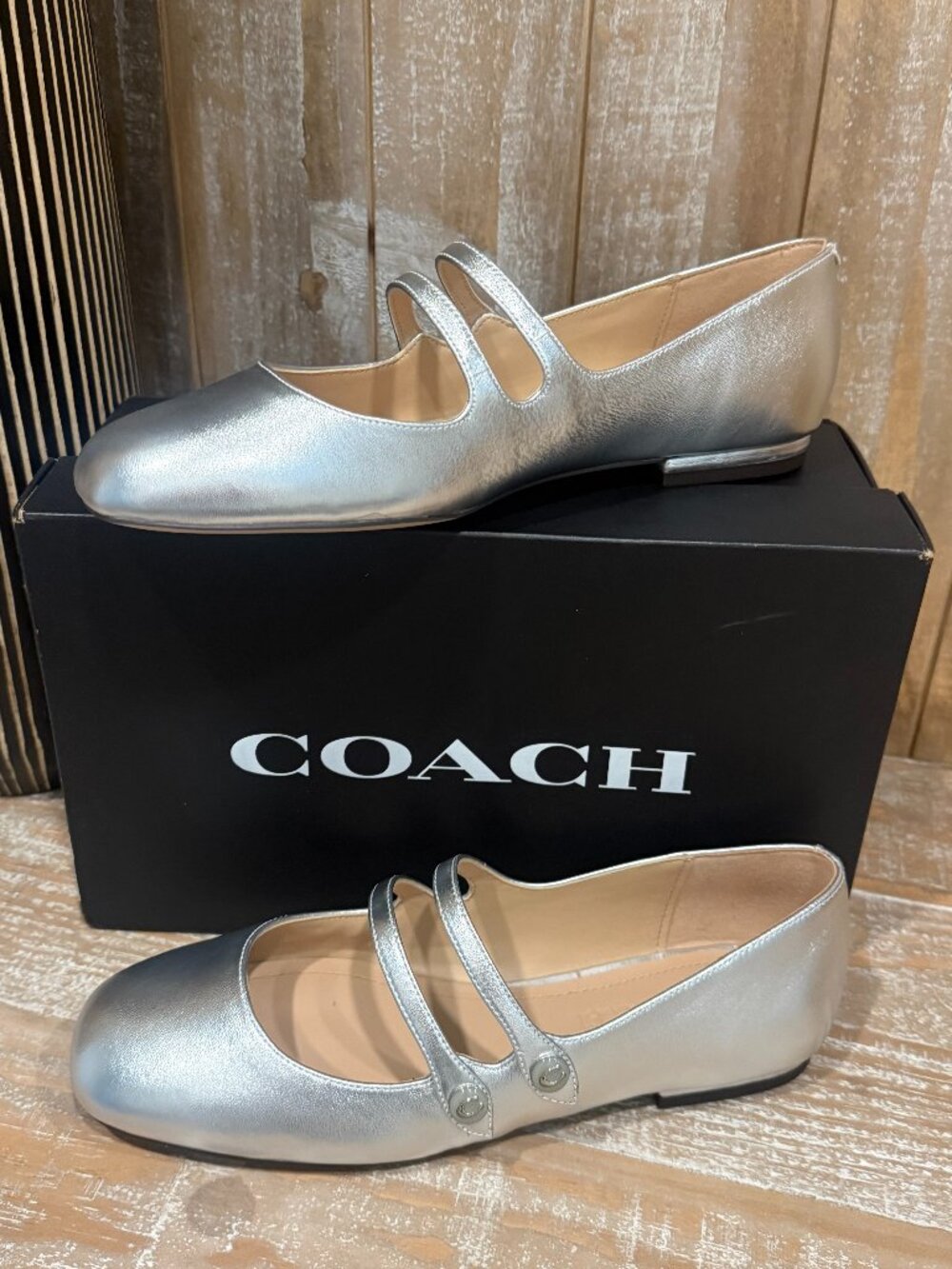 Coach Winley Metallic Leather Mary Jane Women's 7 Flat Double Strap Silver New